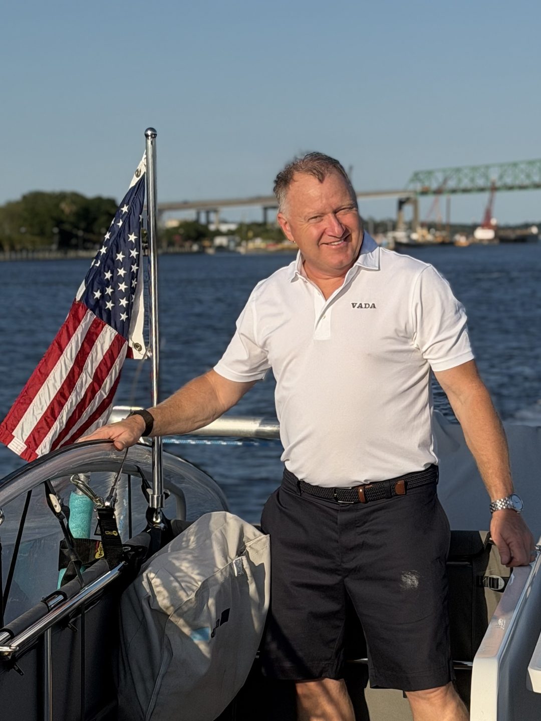 Captain Vance Stallings aboard VADA with the Dames Point Bridge in view