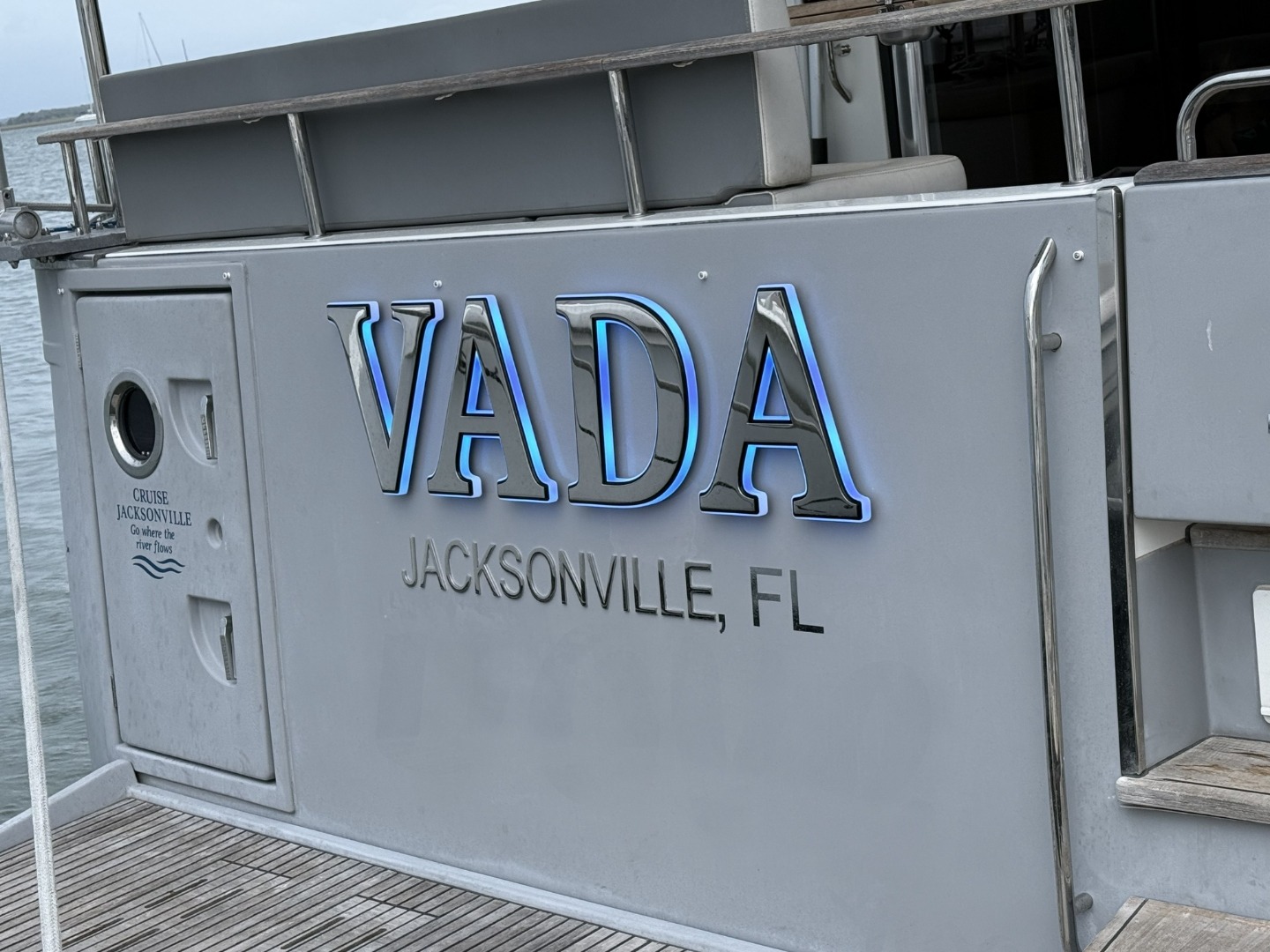 VADA name lettering on the stern of the yacht in daylight