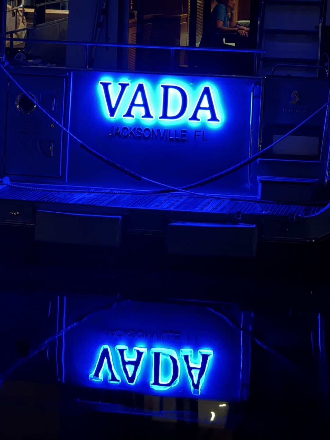 VADA stern letters at night with reflection